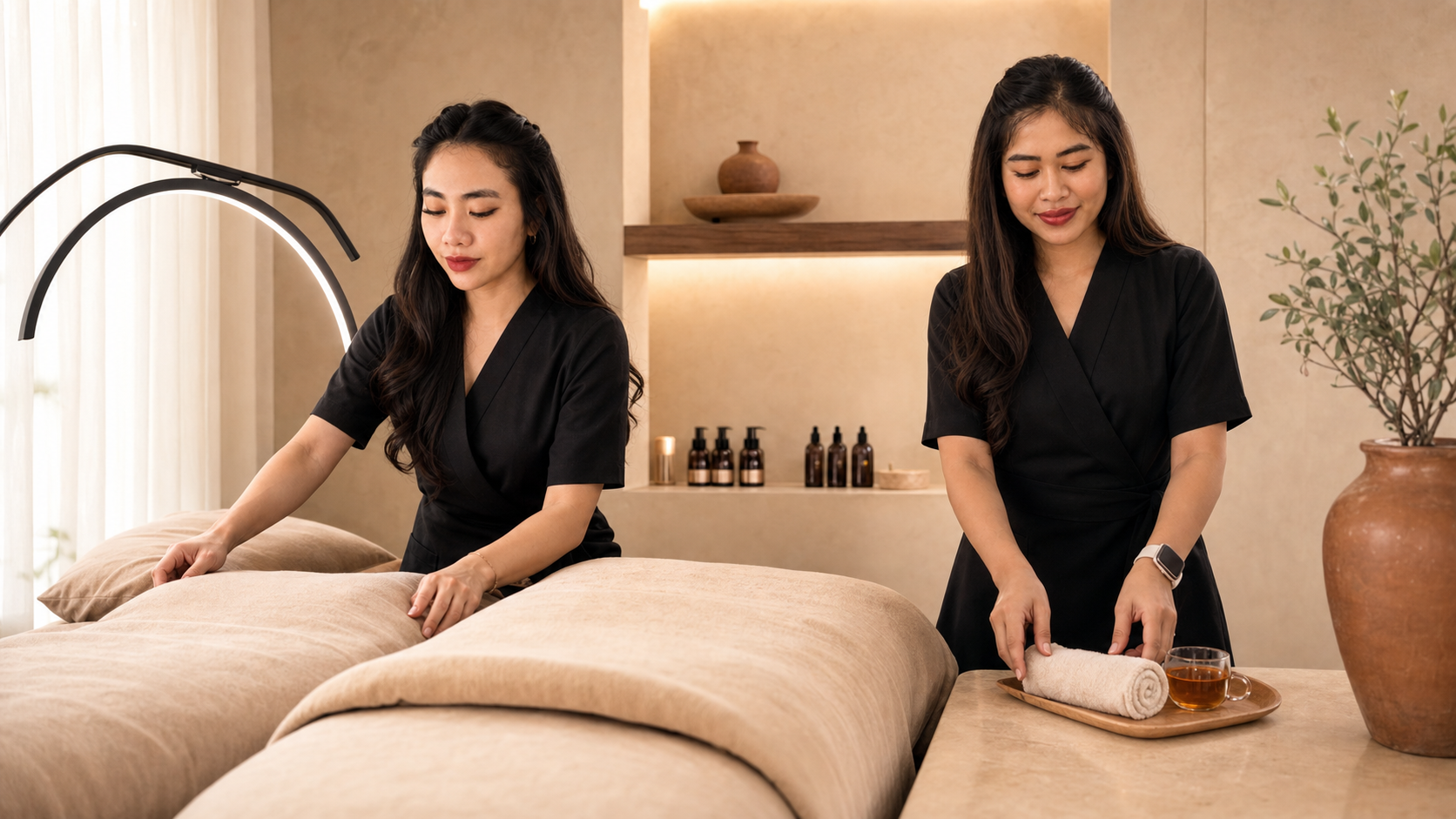 Dinda and Risma creating a calm self-care moment in their Bali studio