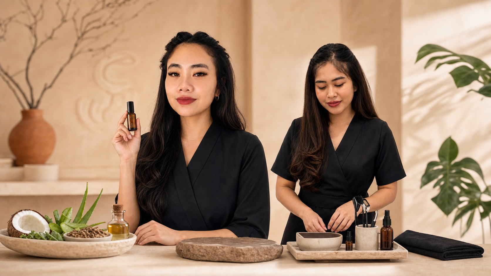Dinda presenting a lash serum while Risma prepares a natural lash care tray