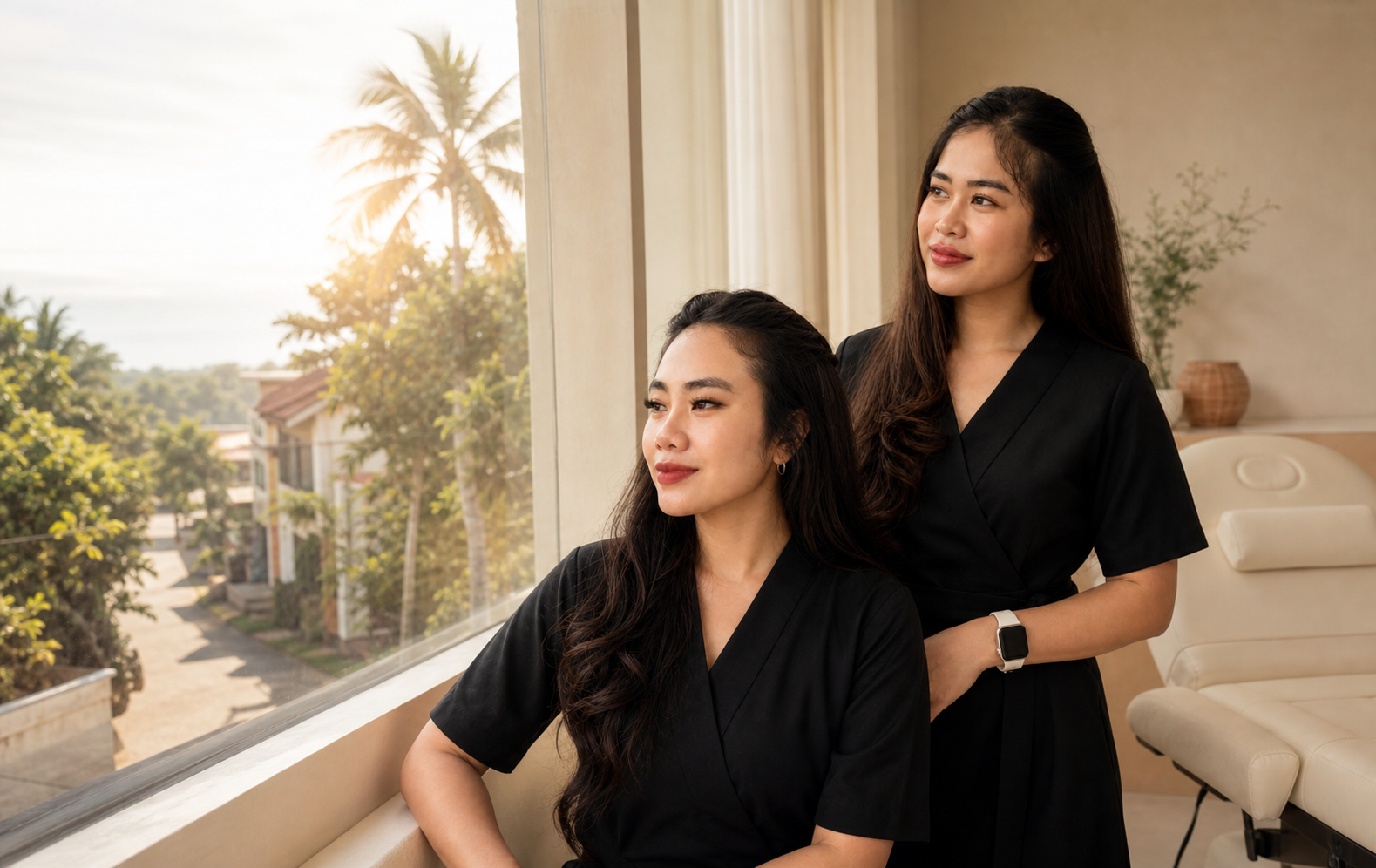 Dinda and Risma by the studio window in warm early Bali light