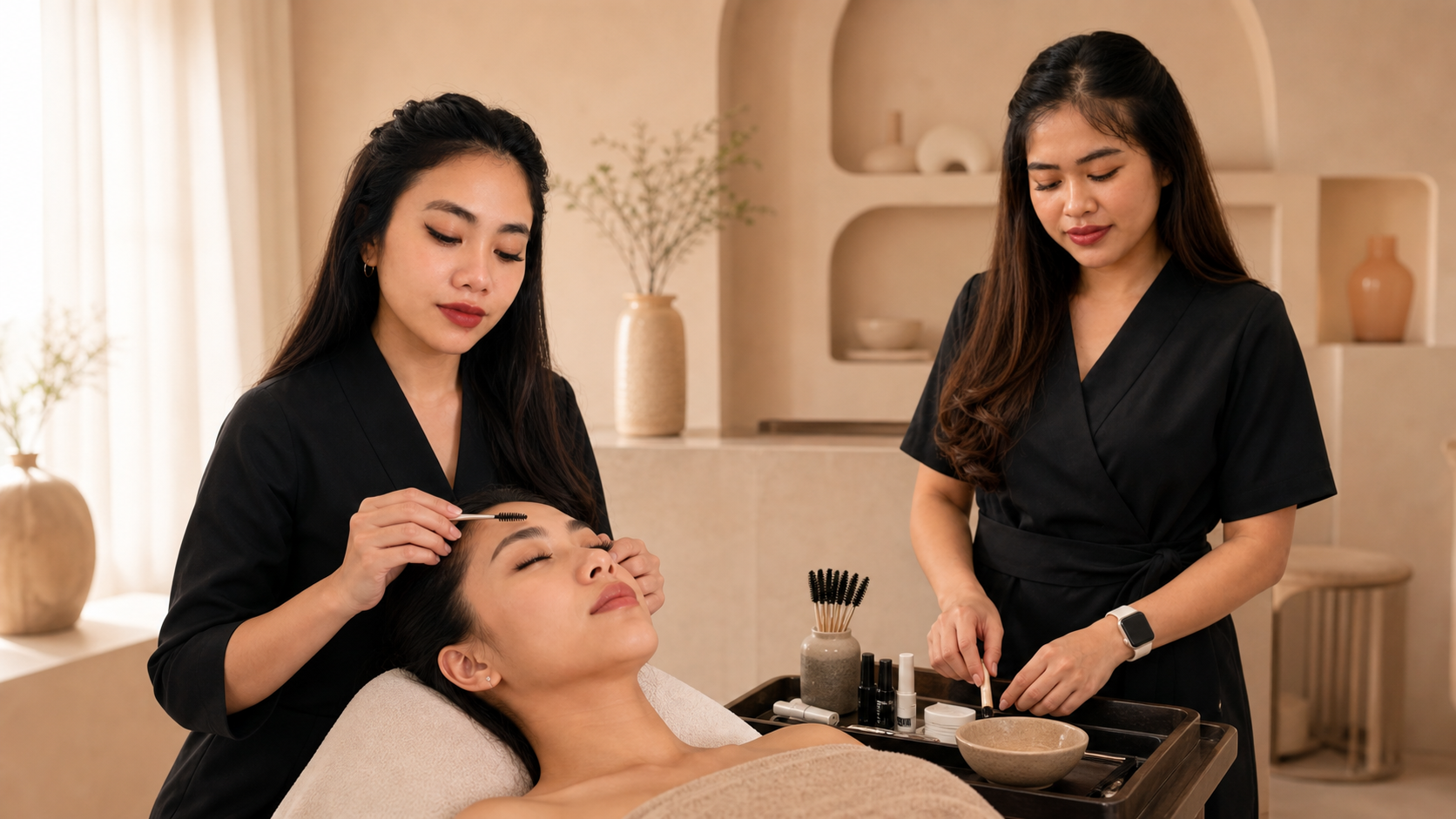 Beauty therapist performing a brow lamination treatment