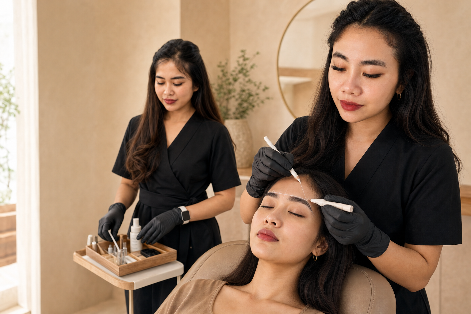 Dinda mapping a client’s brows while Risma prepares a brow lamination tray
