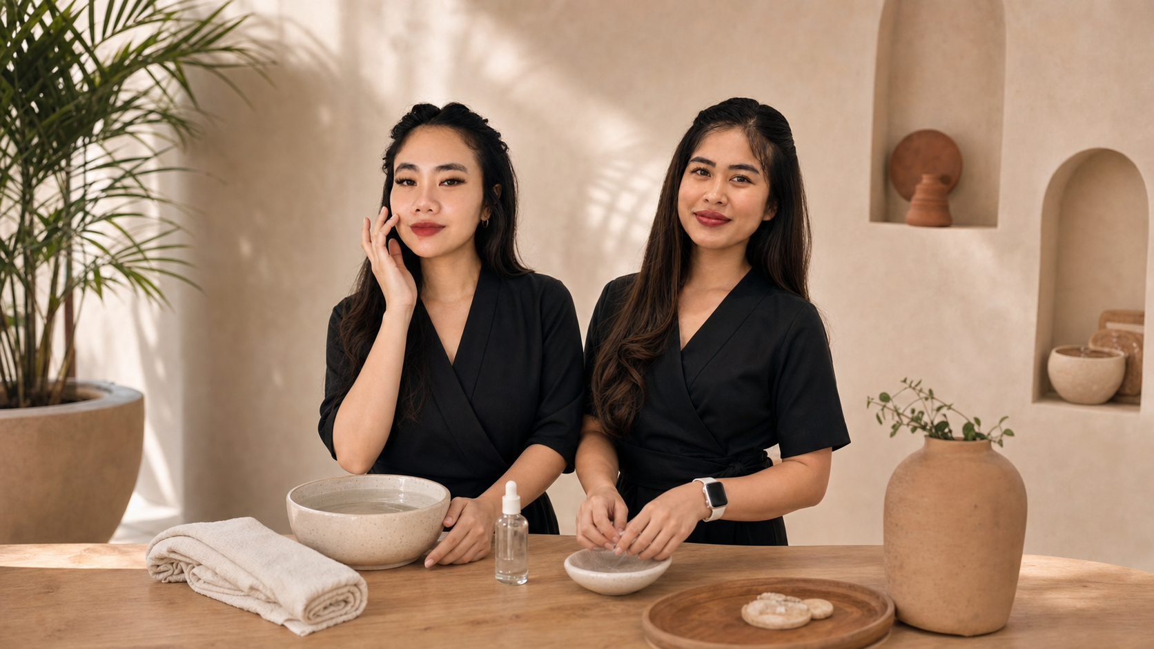 Dinda and Risma preparing a calm everyday beauty ritual in the Bali studio