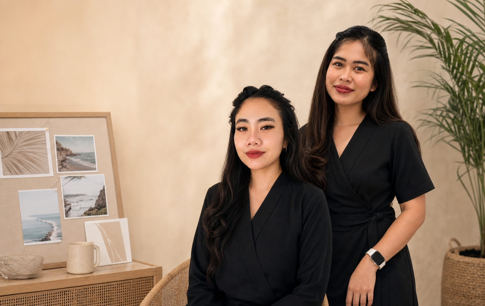 Dinda and Risma with a travel-inspired mood board in the Bali studio