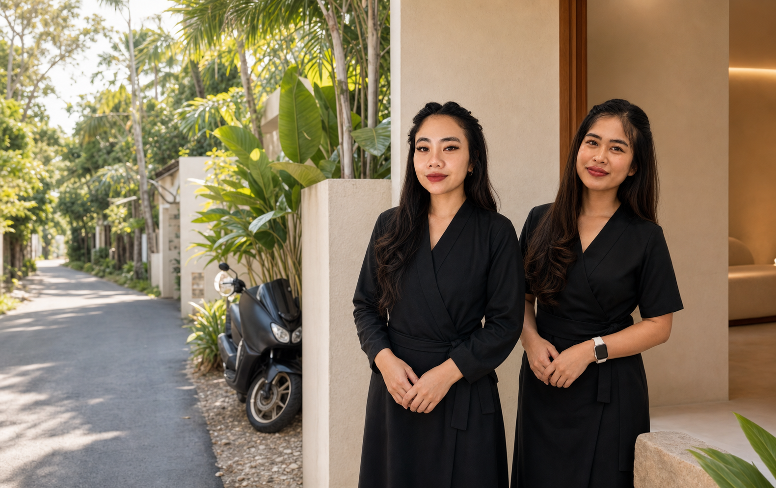Dinda and Risma welcoming visitors beside a quiet tropical road to Seseh