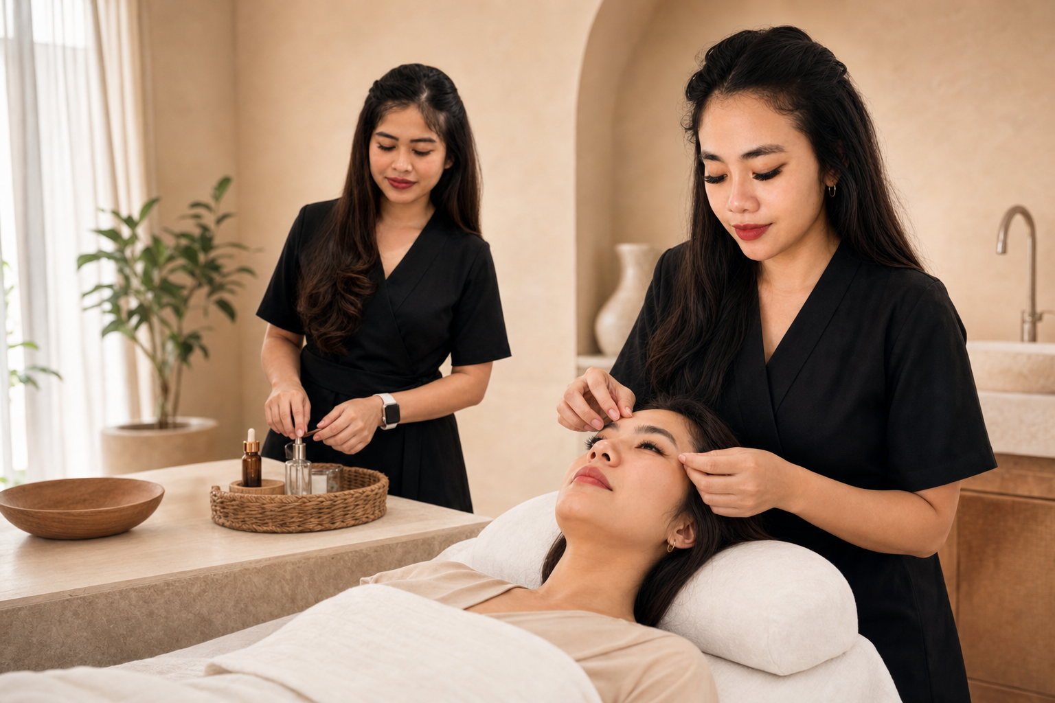 Dinda performing a lash lift while Risma prepares the treatment tray