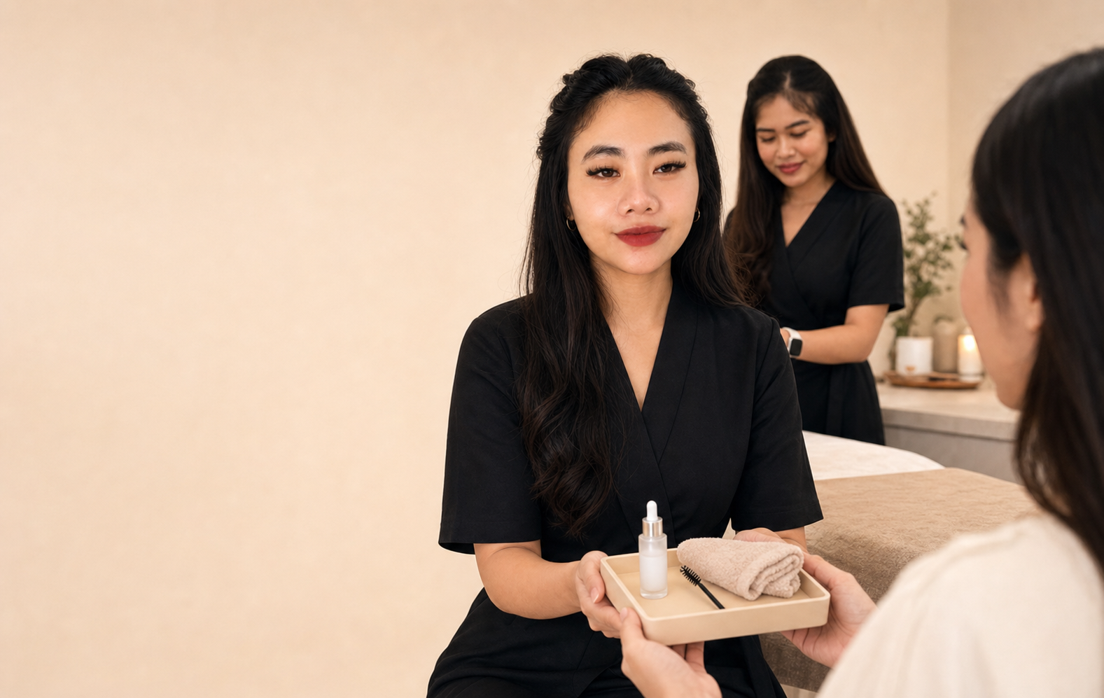 A therapist presenting a tray with lash serum, a towel and a lash brush to a client