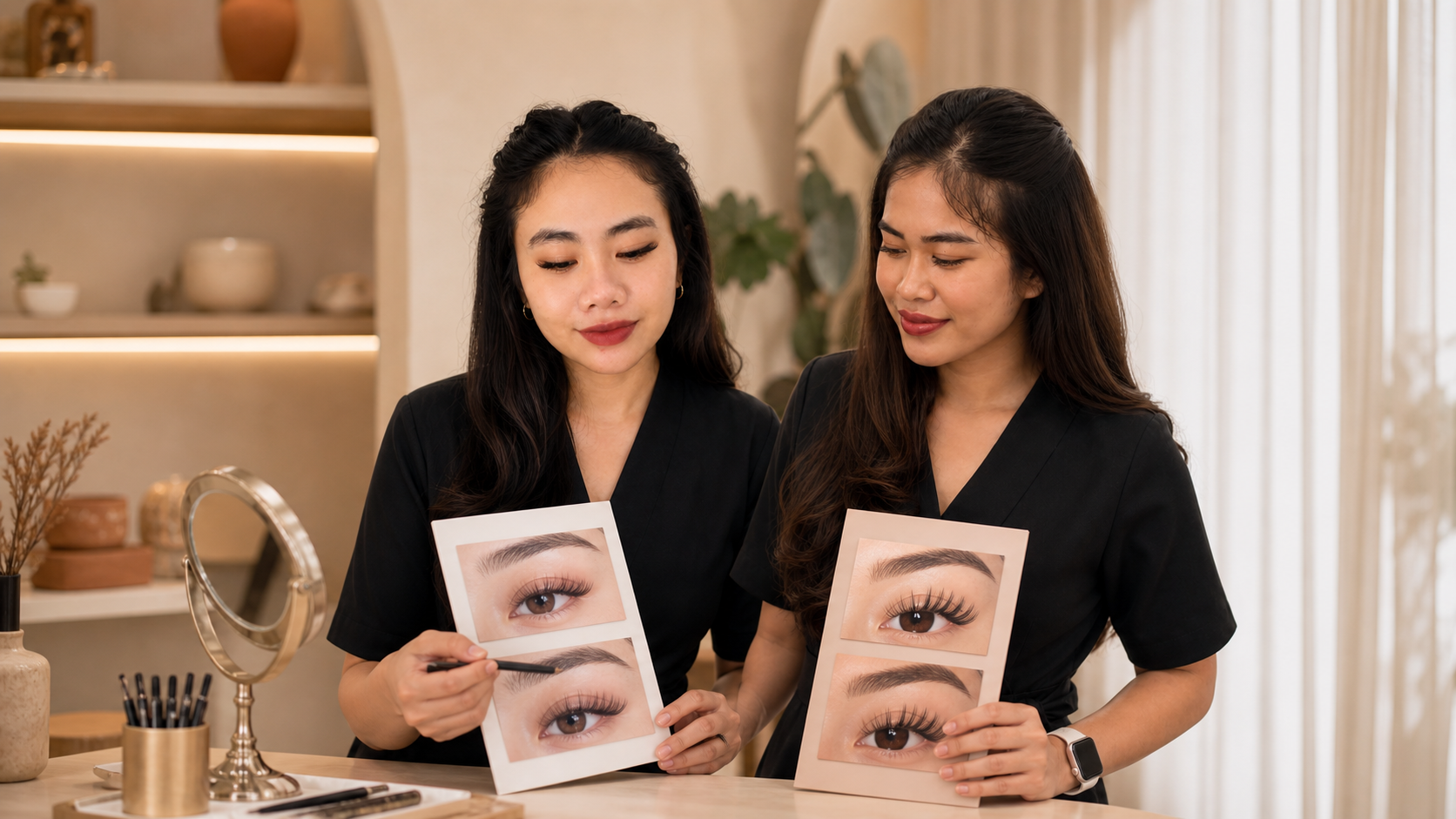 Dinda and Risma comparing lash lift and lash extension references
