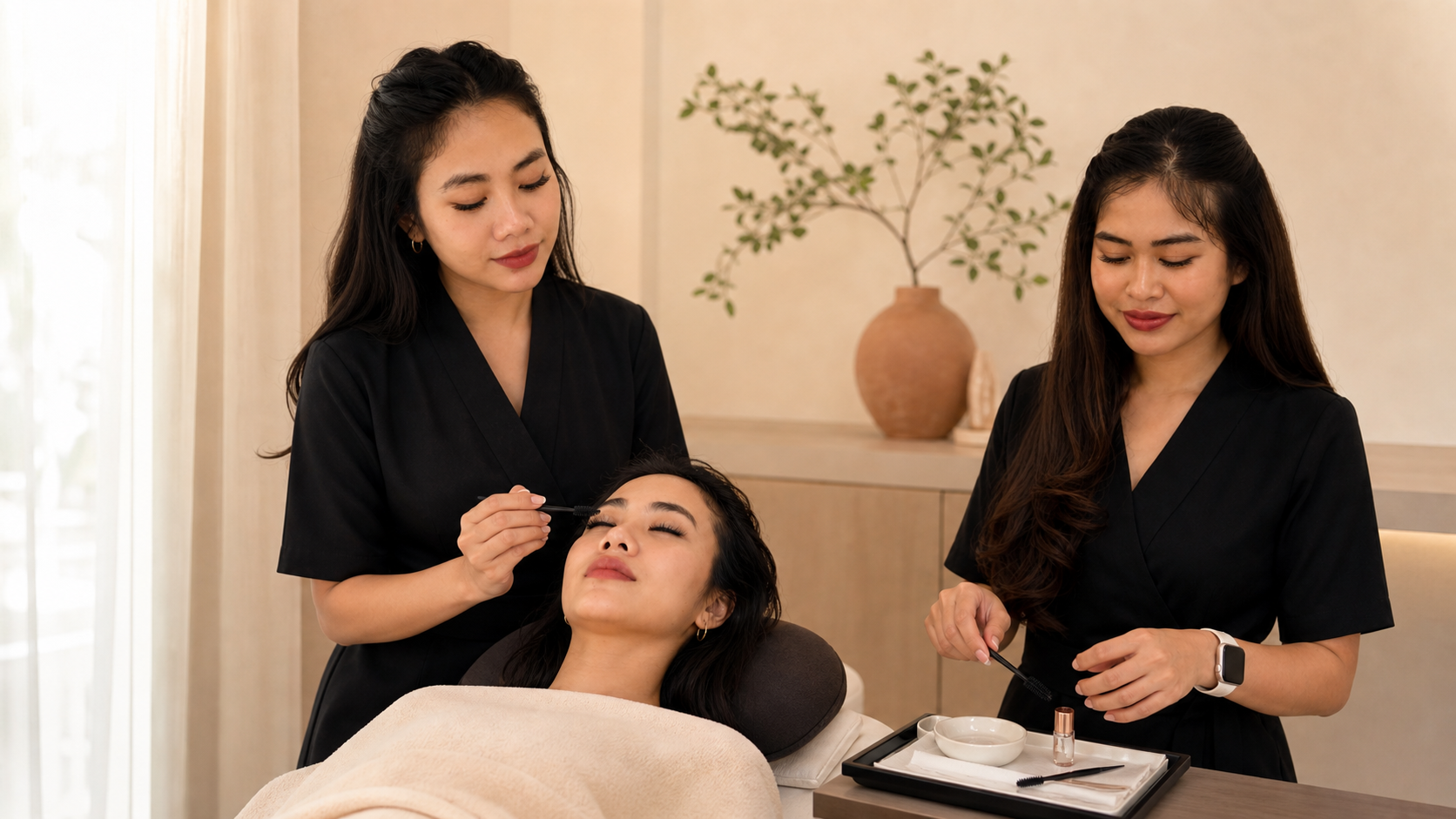Dinda brushing a client’s lifted lashes while Risma prepares aftercare products