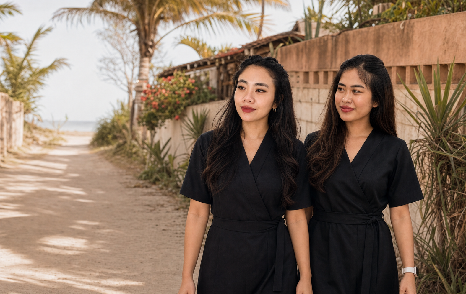 Dinda and Risma enjoying a quiet tropical path near Seseh Beach