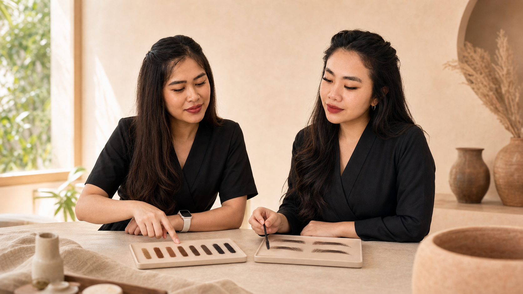 Dinda and Risma comparing brow tint shades and lamination references