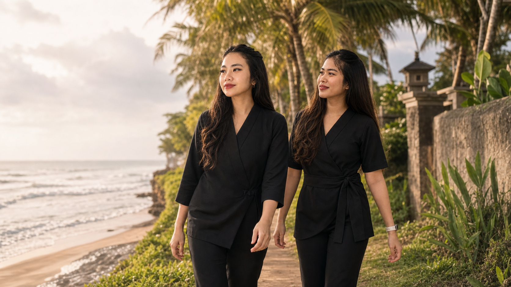 Dinda and Risma walking along a quiet tropical beach path in Seseh